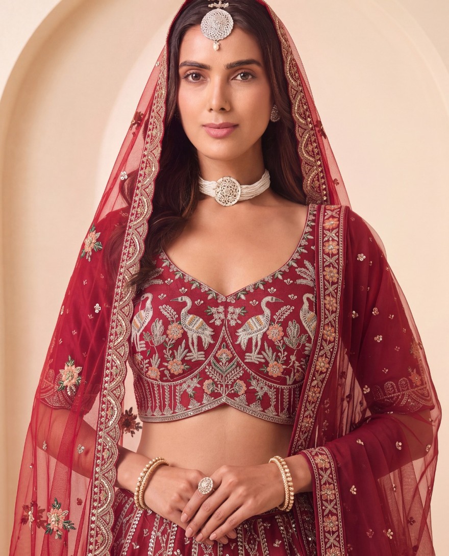 3073 - Silk Lehenga Choli In Red Colour